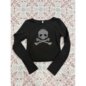 7DAY WKND Black Ribbed Rhinestone Skull Long Sleeve Crop Top Y2K Goth